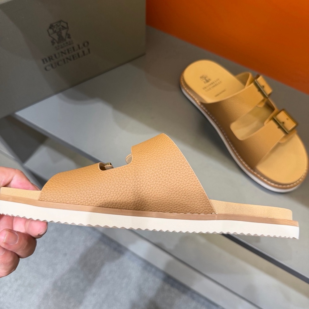 Brunello Cucinelli Beige-Tan Double Buckle Leather Slides - Picture 5 of 9